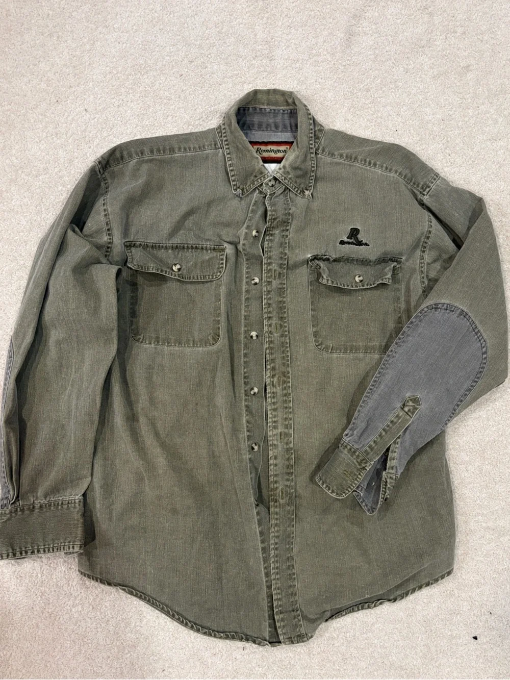 Remington Men's Olive Green Work Shirt Jacket with Contrast Elbow Patch